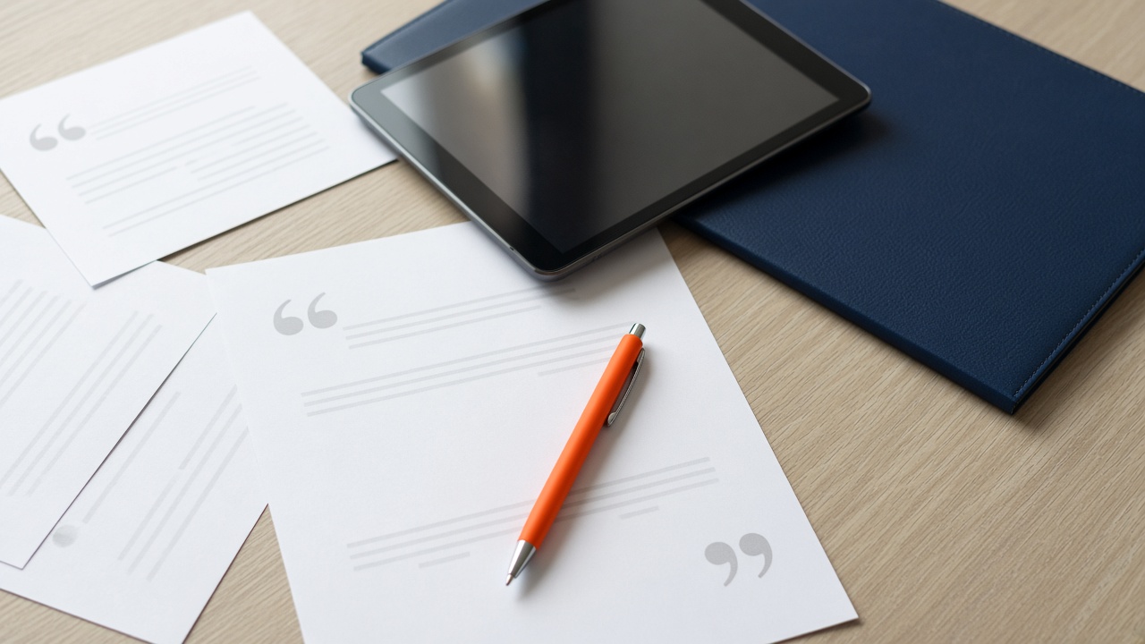 Printed quotations, an orange pen, a tablet, and a folder on a wooden desk.