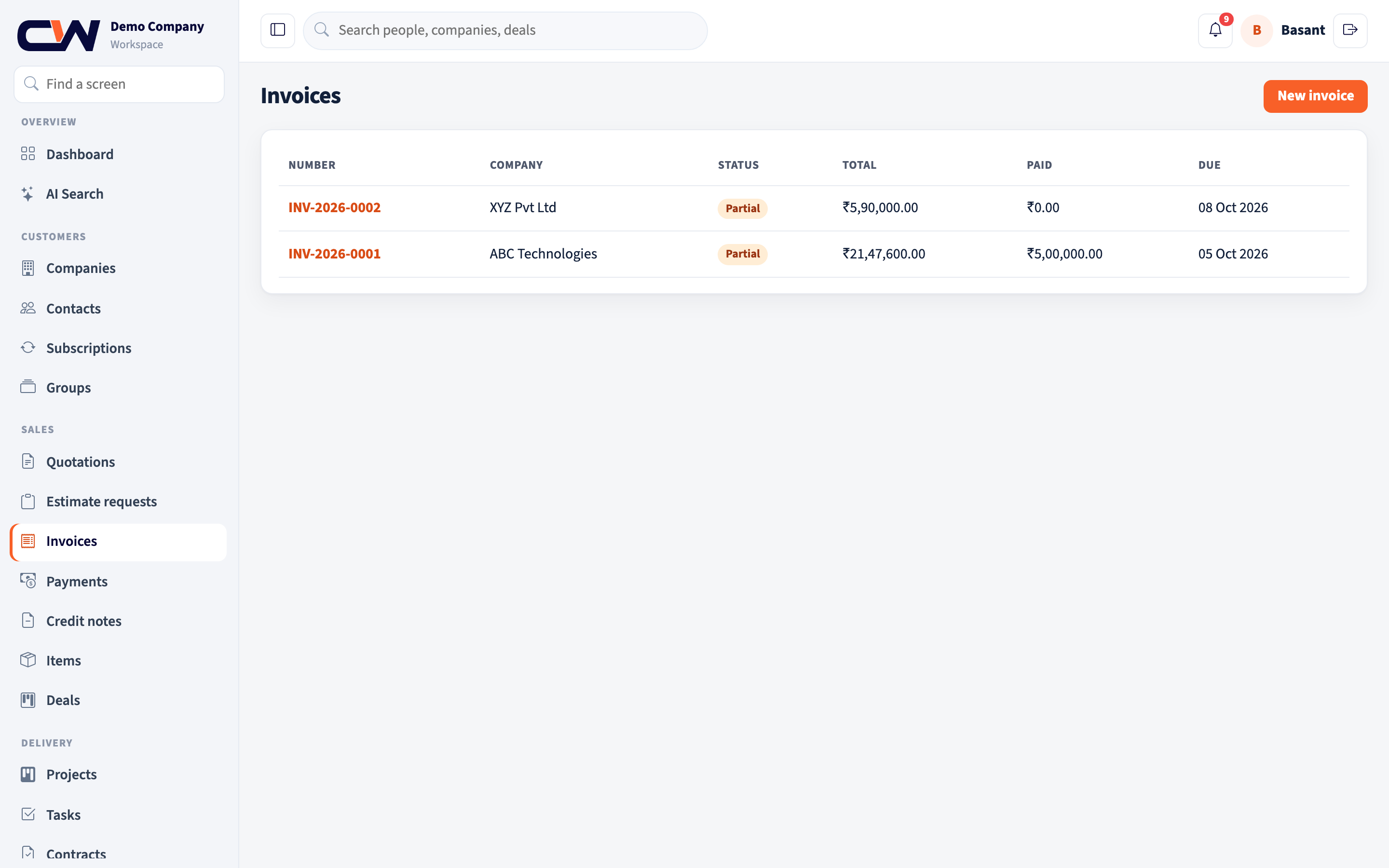 CRM OS invoice list with company, status, total, paid, and due date.