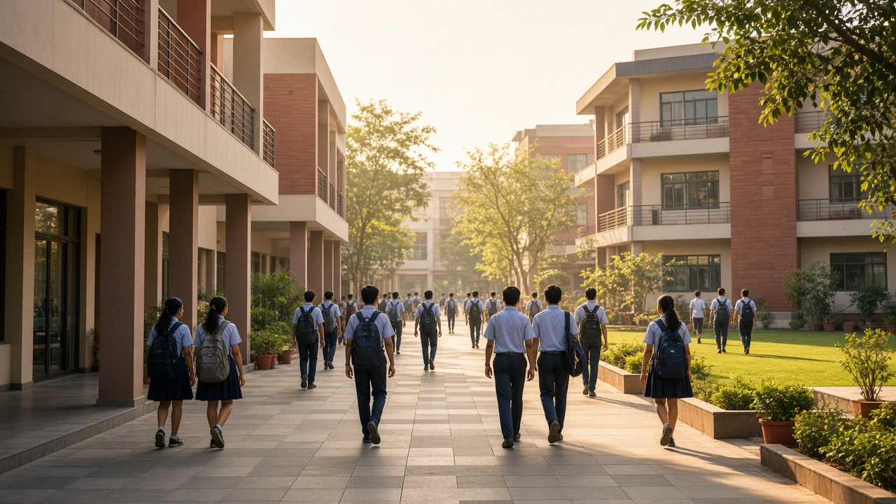Students in uniform walking through a school courtyard between classroom blocks.