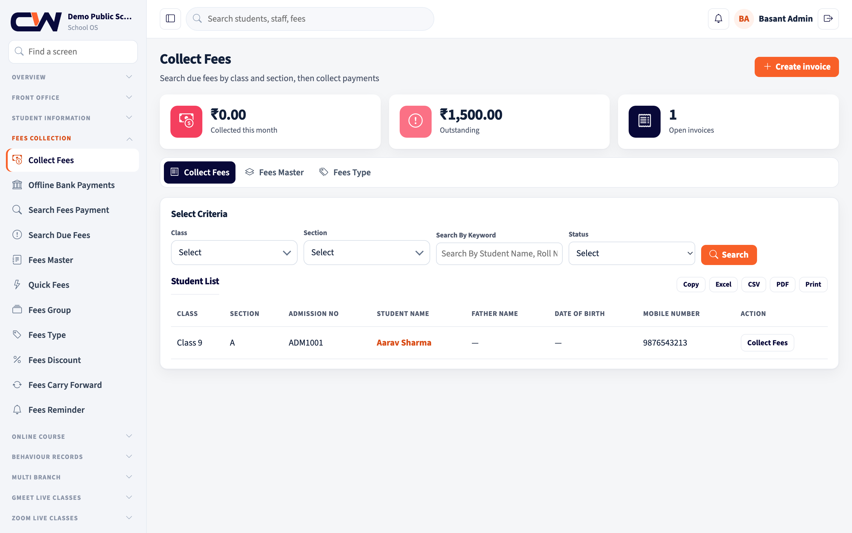 School OS collect fees screen with class filters and a student list.